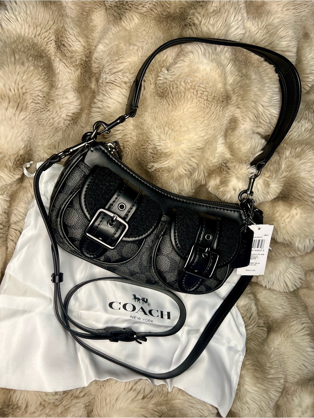 NWT Coach Ashton Baguette Bag in Sig Canvas w shearling front pockets: MSRP $450